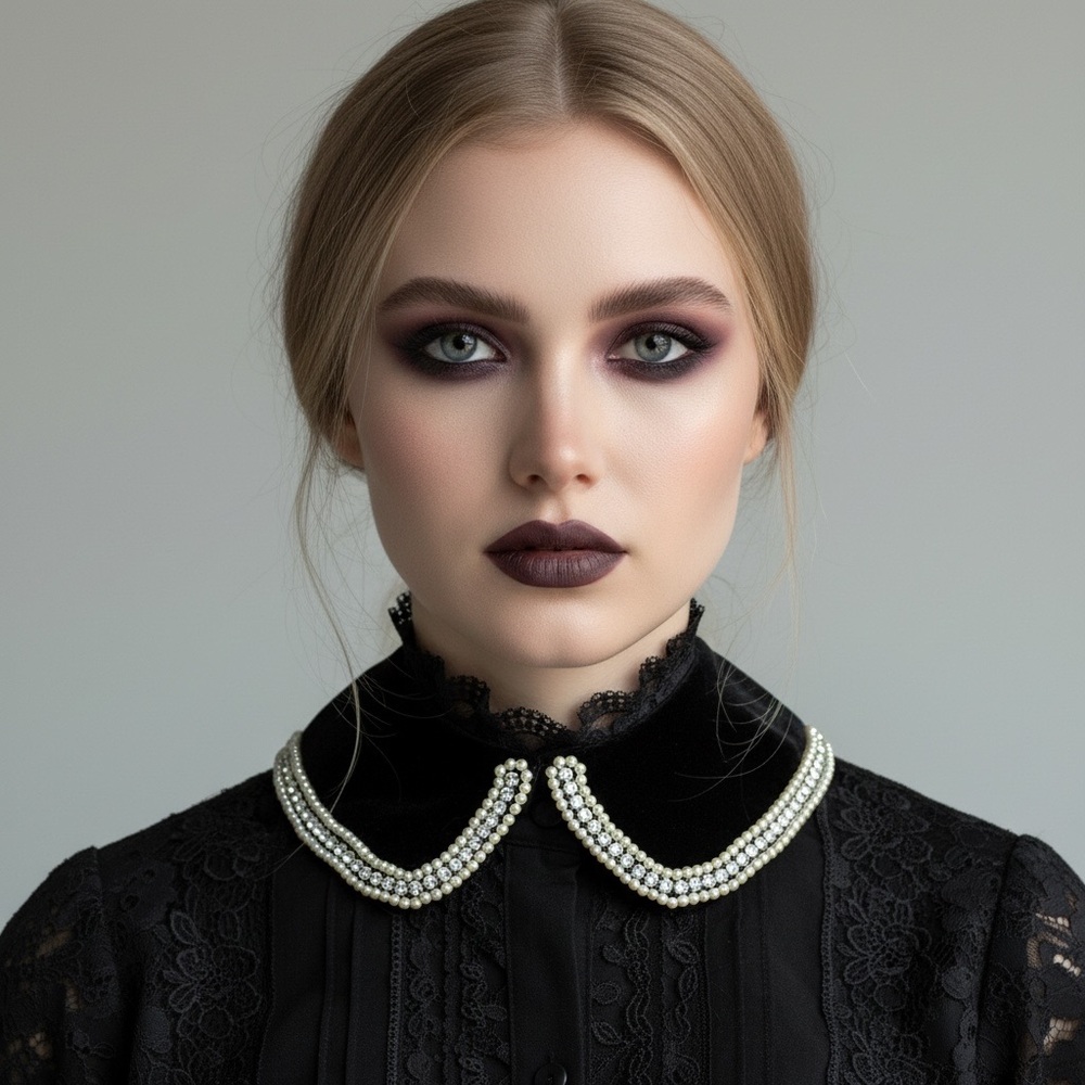 Vintage Victorian black velvet detachable Peter Pan collar Pearl Rhinestone Trim